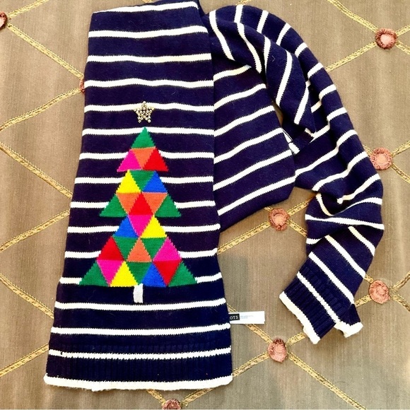 Talbots Scarf Wool Christmas Navy White Stripe with Christmas Tree (OS) - Picture 3 of 6